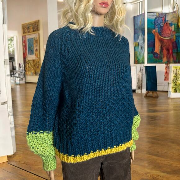 Anthropologie Dr Bloom Tamborito Color Block Sweater Teal Green Yellow - Picture 4 of 8